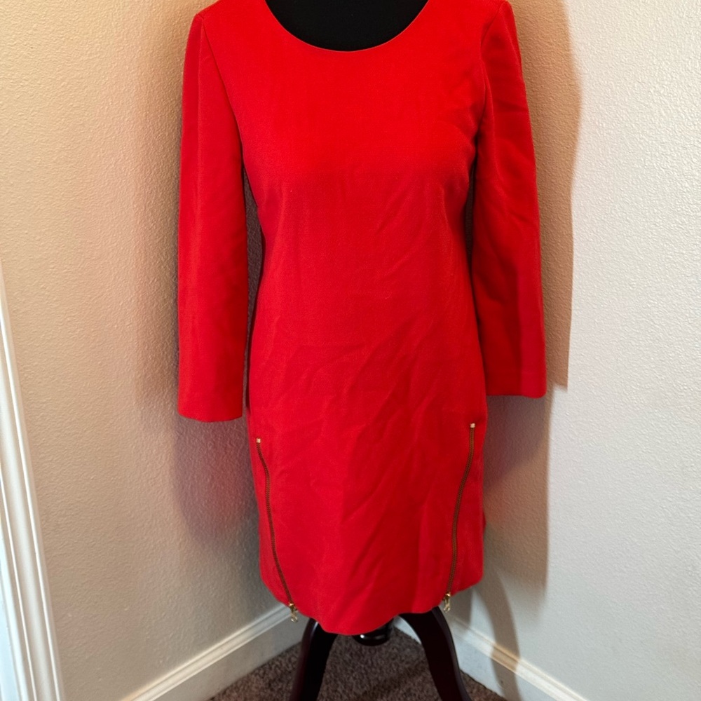 2 FOR $25 J CREW Double Zip Shift Dress Red Gold Zipper 3/4 Sleeve Sheath 6 $138 - Picture 1 of 9